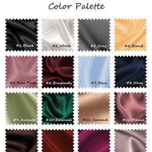 May include: A color palette chart for 100% Mulberry Silk Charmeuse 19/22 Momme fabric, displaying 16 square swatches with pinked edges. Each swatch is labeled with a number and color name, including black, white, gray, blond, rose pink, burgundy, blue, navy, avocado, emerald, caramel, mauve, brown, ruby red, magenta, and taupe.