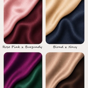 May include: A grid of four fabric swatches with a satin finish. The text reads MORE CREATIVE IDEAS...:) with color pairings: Rose Pink x Burgundy, Blond x Navy, Magenta x Emerald, and Caramel x Brown. Each swatch shows two overlapping fabric colors.