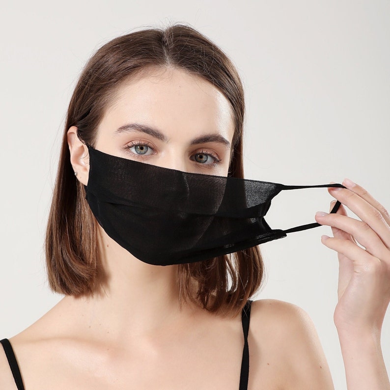 Breathable Silk Mask, 100% Mulberry Silk Mask with Adjustable Earloops, Ultra Sheer Lightweight Mesh Mask with Filter Pocket, Anti-fog Mask 26. Black