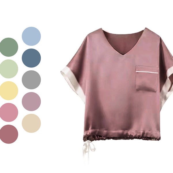 100% Mulberry Silk Tee, Available In All Size, Made-To-Order, Silk Top Short Sleeves Pajama Loungewear