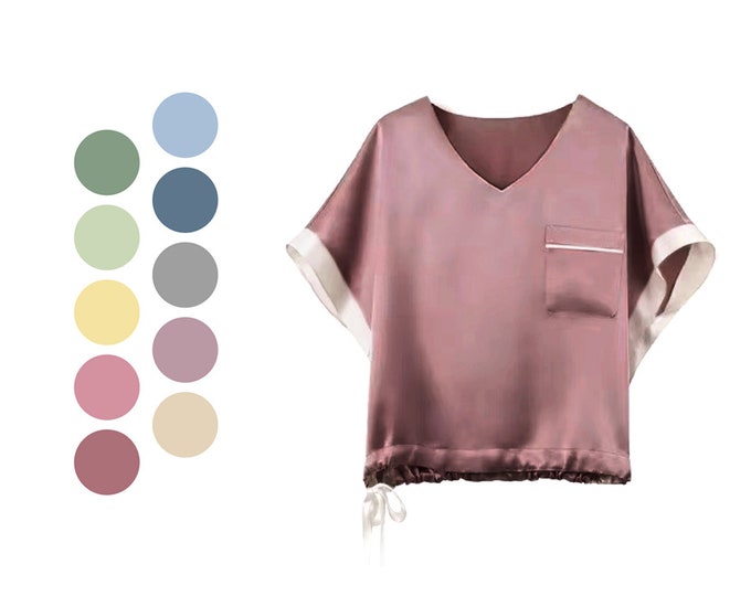 100% Mulberry Silk Tee, Available In All Size, Made-To-Order, Silk Top Short Sleeves Pajama Loungewear