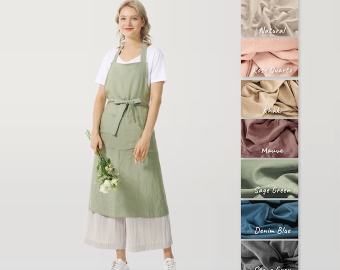 Linen Apron, Lightweight Natural Flax Linen Full Apron, Plus Size/Custom Size, Art/Kitchen/Garden Washed Linen Bib Apron Dress With Pockets