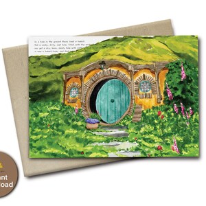 Hobbitdeur, Hobbit-fans, Hobbit-dorp, Bilbo & Frodo's home-wenskaart, Lord of the Ring-inspirerend, afdrukbare kaart, New Home-kaart, A7