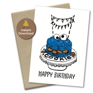 Cartão de aniversário exclusivo de biscoito, cartão inspirado em monstros para imprimir, presente para fãs de monstros da Vila Marinha, bolo de monstro, cartão de aniversário de monstro, A7