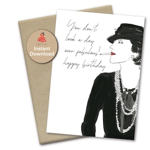 Non guardi un giorno il favoloso biglietto d'auguri di Coco Chanel, biglietto d'auguri ispirato a Chanel, biglietto d'auguri stampabile della regina della moda, A7