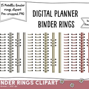15 clipart digital de lombada de fichário metálico, furos simples/duplos de bronze, titânio e cobre, bobinas de fio planejador digibujo