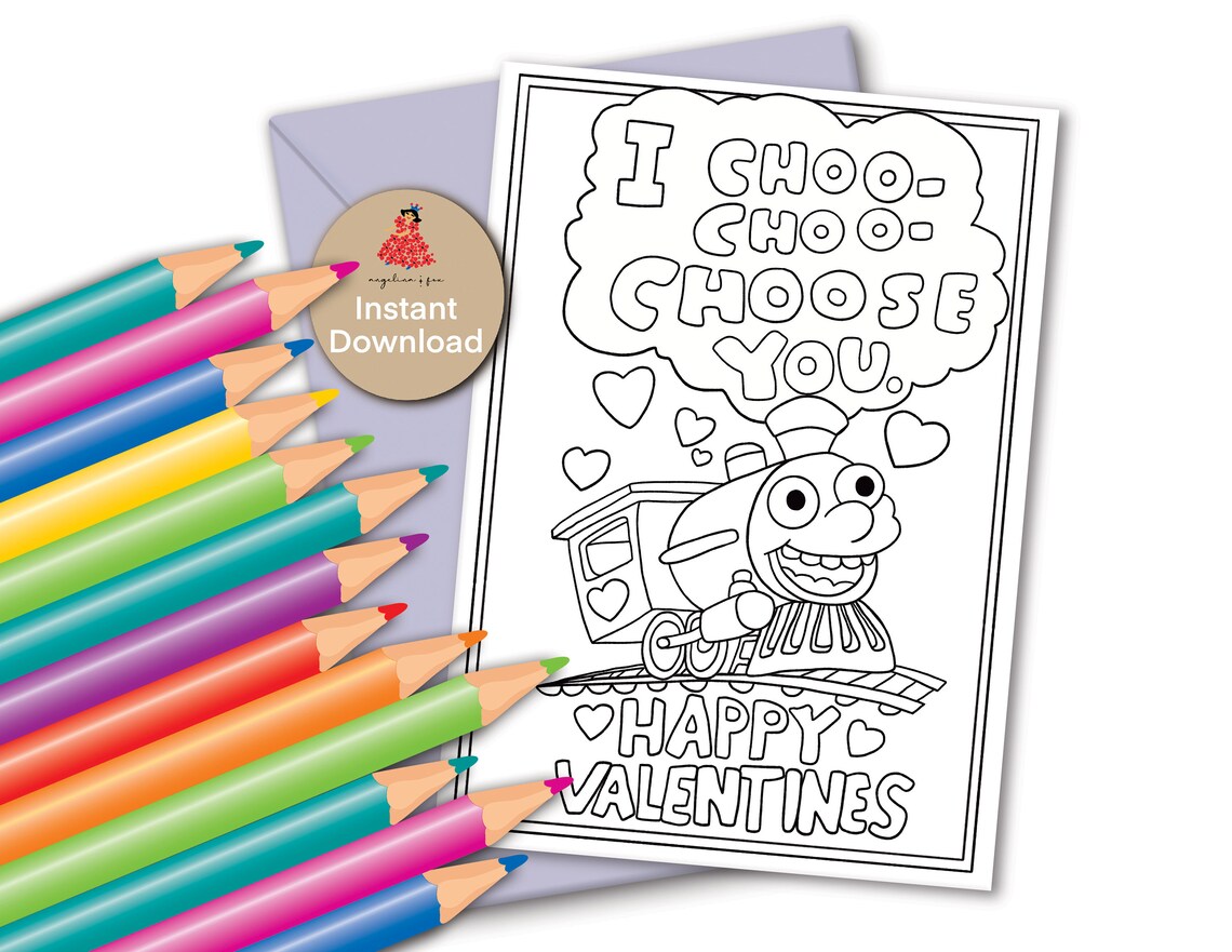 I choo choo choose you colourable valentines card from child | Etsy