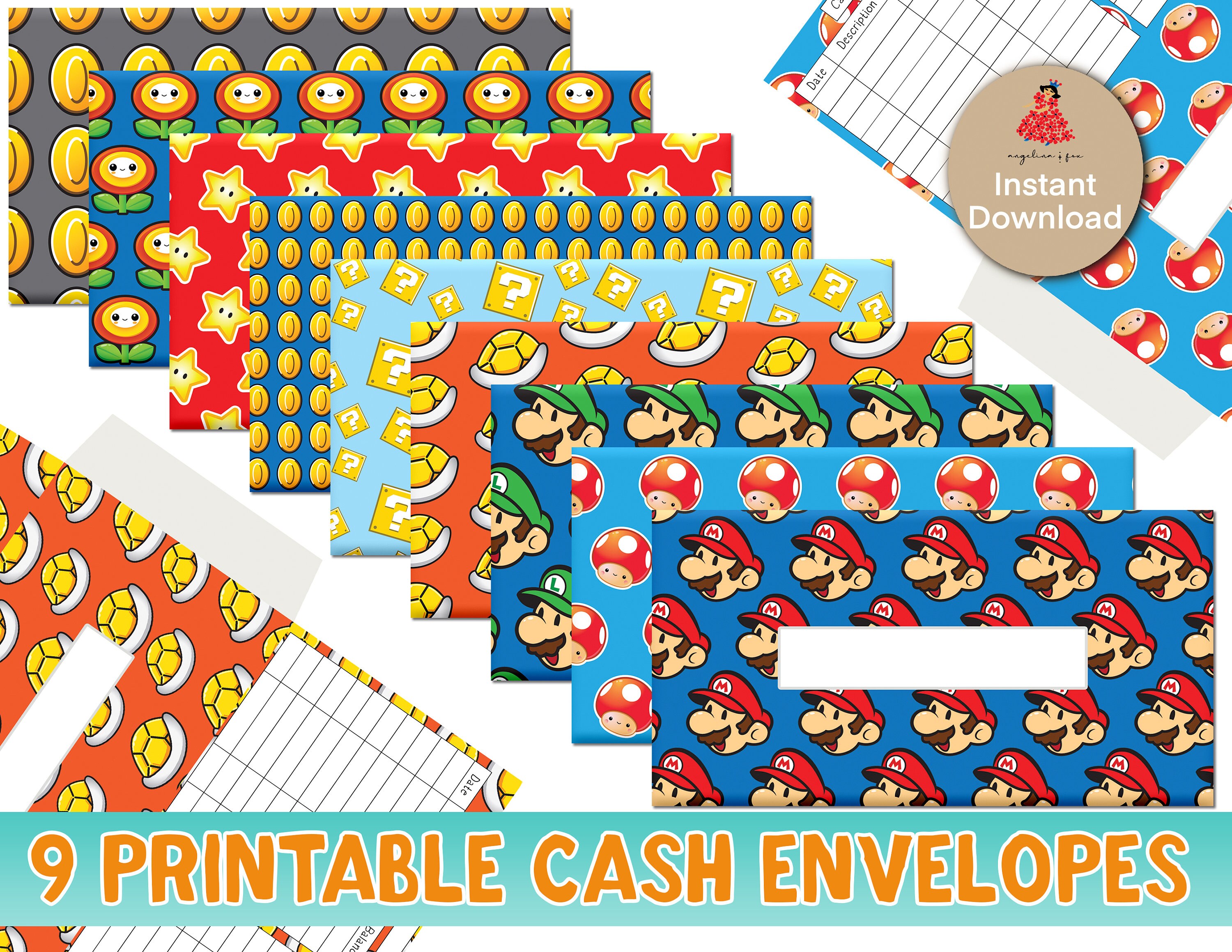 Printable cash envelopesSuper Mario Bros set of 9Mario and | Etsy