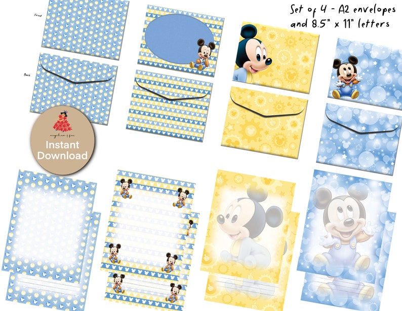 Set of 4 Baby Mickey Mouse printable envelope and writing | Etsy