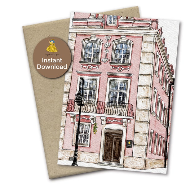 A pink house painting, historical building, watercolor building, hand-drawn greeting card, congrats to your new home, house warming card,A7