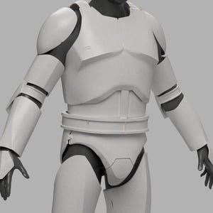 Puede incluir: Un modelo blanco, detallado, articulado, impreso en 3D de una armadura futurista. El modelo está posado con los brazos extendidos y las manos abiertas.