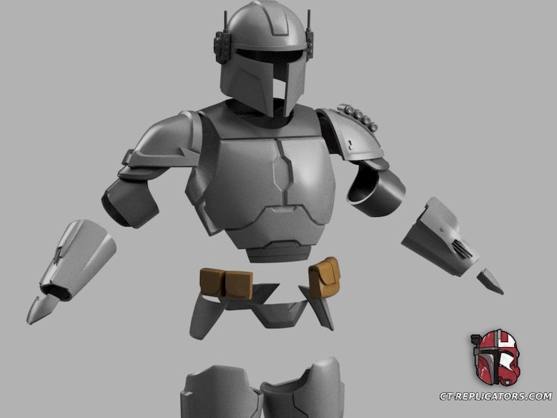Puede incluir: Conjunto de armadura gris mandaloriana, que incluye casco, peto, hombreras, protectores de brazos y bolsas de cintur&oacute;n. La armadura est&aacute; dise&ntilde;ada con paneles detallados y una est&eacute;tica futurista y elegante. La imagen tambi&eacute;n incluye un logotipo.