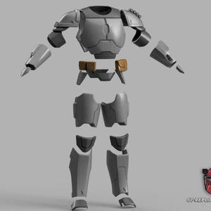 Puede incluir: Un conjunto de armadura gris y beige desmontado, con piezas para el pecho, los brazos, las piernas y la cintura. La armadura est&aacute; dise&ntilde;ada con una est&eacute;tica futurista. Un logotipo de casco rojo y blanco est&aacute; en la esquina inferior derecha.