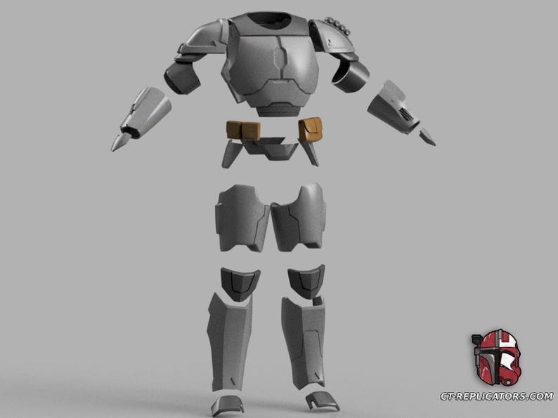 Puede incluir: Un conjunto de armadura gris y beige desmontado, con piezas para el pecho, los brazos, las piernas y la cintura. La armadura est&aacute; dise&ntilde;ada con una est&eacute;tica futurista. Un logotipo de casco rojo y blanco est&aacute; en la esquina inferior derecha.