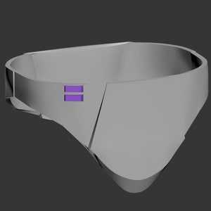 May include: A grey, geometrically shaped object with two purple rectangular accents. The object has a smooth, rounded surface.