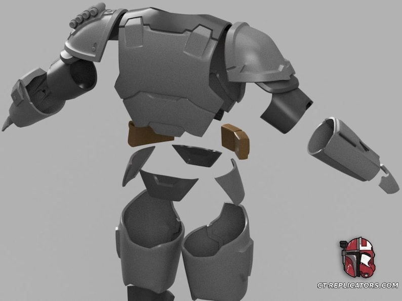 Puede incluir: Un conjunto de armadura gris y marr&oacute;n desmontado, probablemente para cosplay o exhibici&oacute;n. Las piezas incluyen componentes de pecho, hombros, brazos y piernas, lo que sugiere un traje completo. El dise&ntilde;o parece futurista y detallado, con un logotipo en la esquina inferior derecha.