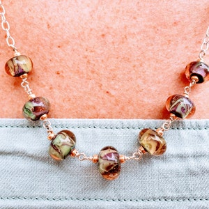 Pink Swirled Lampwork Glass Bead Chain Linked Necklace in Sterling Silver