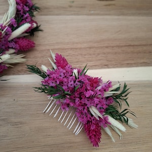 Fuchsiagroene haarkam, bruiloftshoofddeksel, bruidskam, fuchsiakleurig haarstukje, bloemenkam, haarkam met gedroogde bloemen