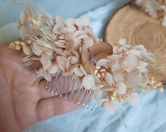 Beige preserved hydrangea hair comb.Bridal hair piece,Wedding hair comb,Flower hair comb,Dried flower hair comb