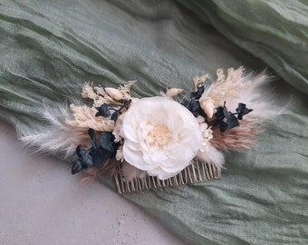 Peine de pelo flor seca blanca, peine de pelo floral seco para novia, flores de boda para el cabello, peine de pelo de flores secas boho, peine de pelo de damas de honor