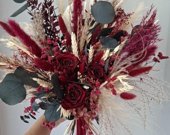 Burgundy Dried Flower Wedding Bouquet: Boho Bridal Decor