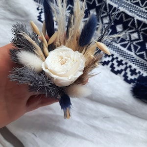 Dusty blue and white wedding boutonniere,groom boutonniere. Mens boutonniere for suit in pocket.Dried flower boutonniere blue