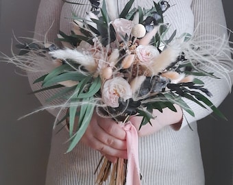 Rosa Trockenblumenstrauß: Boho Braut, rustikale Hochzeit