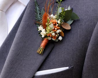 Dried Flower Boutonniere with Greenery & Terracotta for Rustic Weddings,Wedding boutomniere
