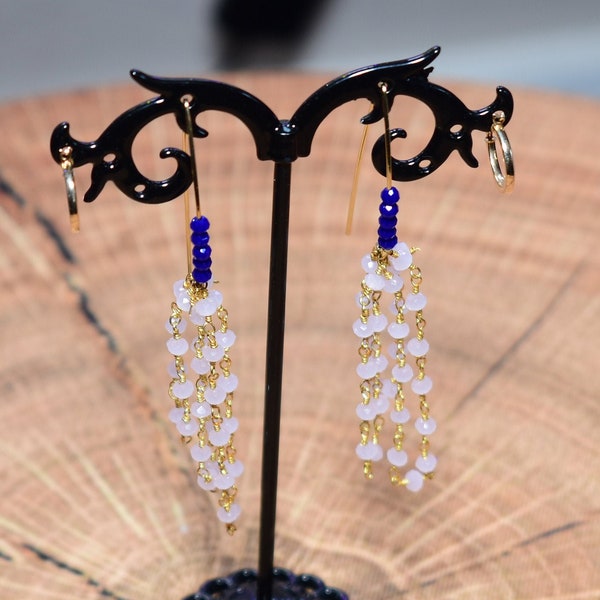 Eclectic Bridal Earrings-24kt Gold Rose Quartz and Sapphire Chandelier Earrings-Alternative Bride- Eclectic Weddings-18kt gold wishbone