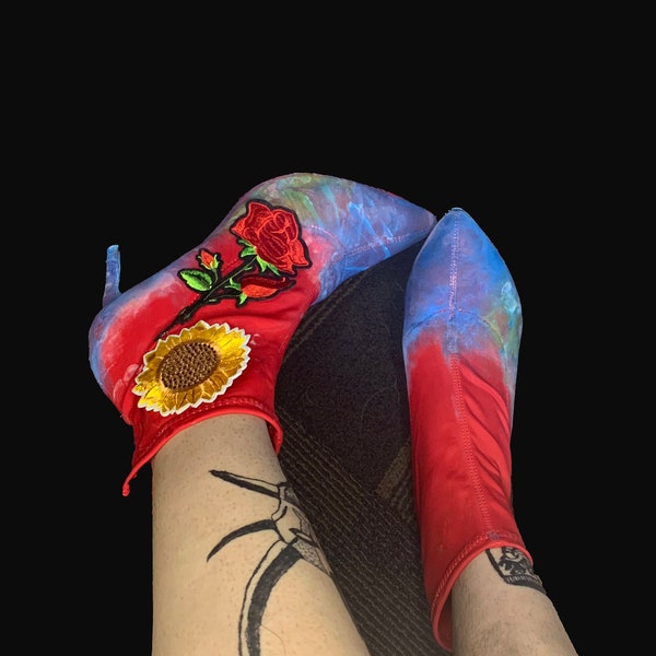 Reworked Red Boots-Funky Shoes Size 7-Hand Painted Shoes-Vintage Women's Boots- Reworked Handmade Shoes-Collectors Item-One of a kind Shoes