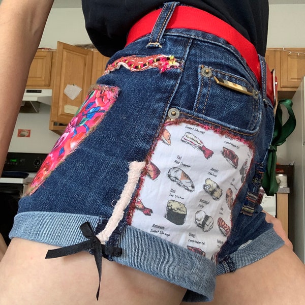 Funky Reworked Denim Shorts Custom Fit American Eagle Brand High-wasted Shorts Summer Attire Eclectic Sustainable Fashion