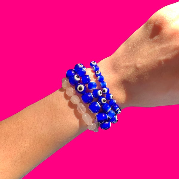 Evil Eye Beaded Bracelet-Stained Glass Beads-Lamp work Bead Jewelry-Eclectic Beaded Bracelet-Royal Blue Jewelry-Gift Ideas-Custom Fit