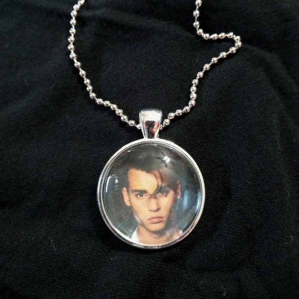 1 inch Johnny Depp glass cabochon pendant on 24 inch nickel plated ball chain necklace;  Cry Baby;  Jewelry