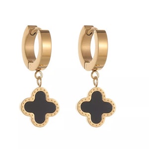 Four Leaf Clover Stud Earrings dangle hoop black rose gold