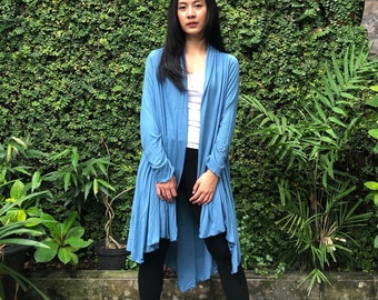 Jaqueta quimono azul-celeste em cascata, saída de praia, cardigan quimono bali em jersey de rayon, jaqueta com amarração frontal, jaqueta primavera-verão, blusa robe