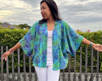 Kimono Outer Jacket in Rayon Batik, Plus Size Cardigan, Casual Blazer Handmade in Bali, Spring Summer Kimono Jacket, Beach Cover up