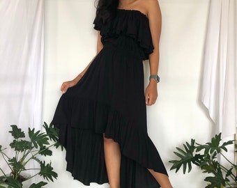 Black Off Shoulder Dress, Chic Hi Low Black Midi Dress, One Shoulder Dress, Tube dress with ruffle detail,Resort Wear Dress, Bali Long Dress