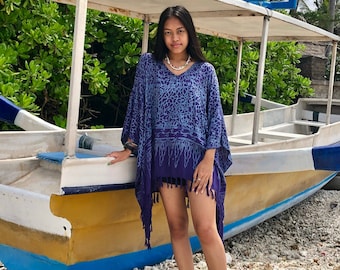 Kimono Poncho, Short Kaftan, Beach Batik Poncho, Boho Kimono Poncho, Batik Plus Size Top, Summer Blouse, Beach Cover Up, Tassel Kimono Pareo