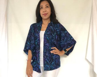 Blue Black Batik Rayon Jacket, Women Kimono Cardigan Bali, Casual Blazer Handmade in Bali, Spring Summer Kimono Jacket, Plus Size Kimono Top