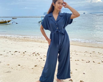Navy Rayon Long Jumpsuit Pocket Pants, Dark Blue Long Rompers for Women, Jumper Overalls Gifts for Her, Loungewear Rayon Plus Size Clothing