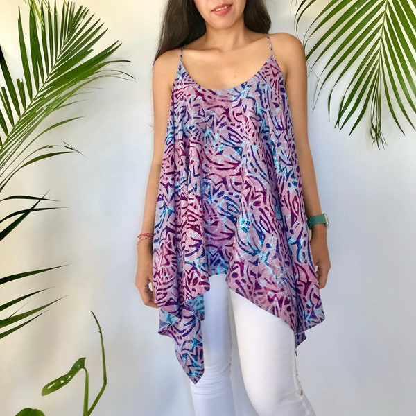 Blue Pink Spaghetti Strap Tank Top, Asymmetrical Loose Fit Blouse, Rayon Bali Batik, Plus Size Women Clothing, Beach Wear Summer Blouse