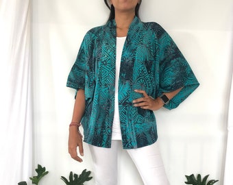 Turquoise Teal Outer Jacket Rayon Batik, Plus Size Cardigan Casual Blazer Handmade in Bali, Spring Summer Women Kimono Jacket Beach Cover up