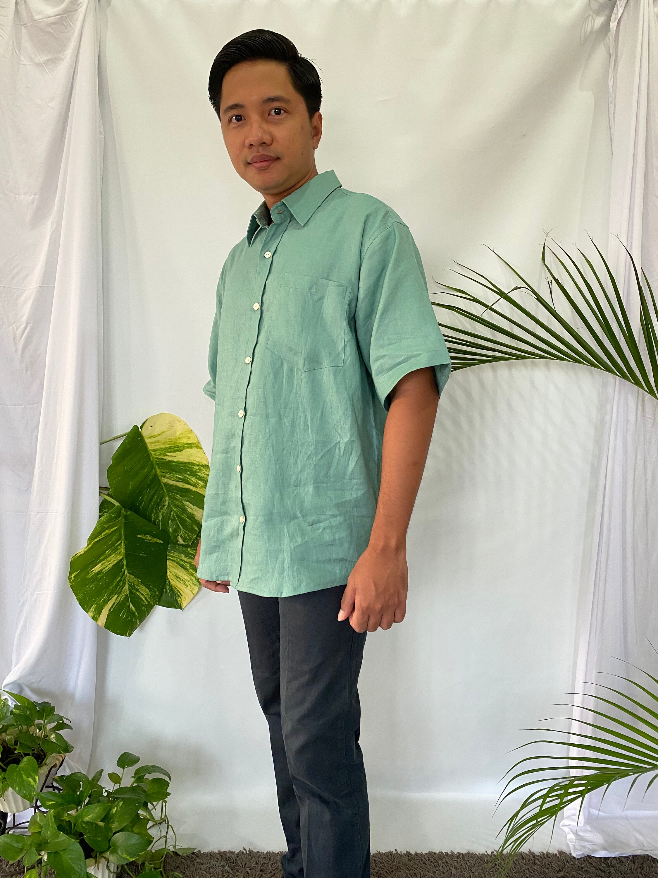 年末のプロモーション大特価! Mint Linen up Button Linen 100% Sleeve, Short Shirt Men's Clothing