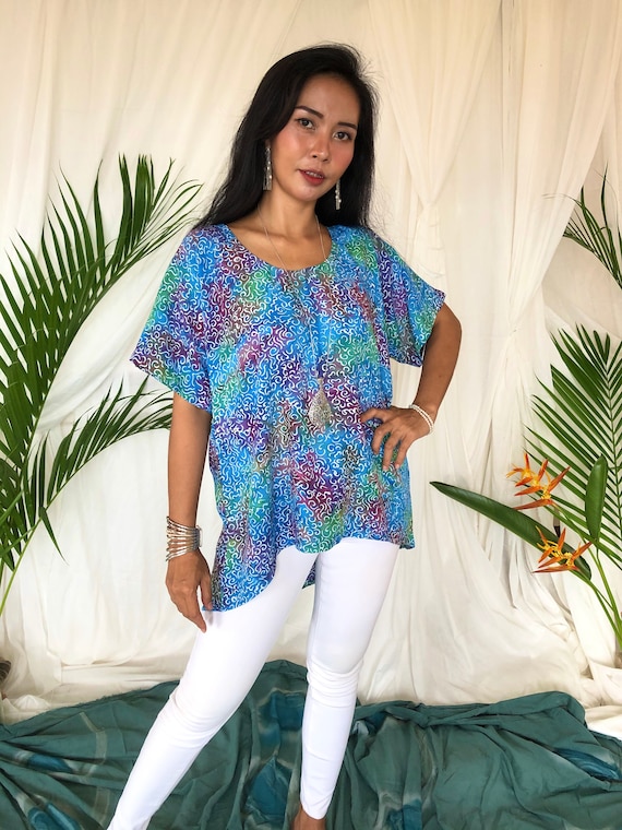 Blue Bali Batik Hi Low Top, Batik Women Blouse With Scoop Neckline, Spring  Summer Tee Batik Turquoise Green Rainbow, Plus Size Shirt Rayon -   Australia