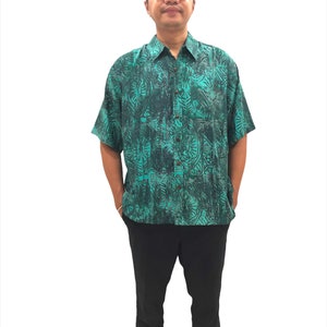 Turquoise Grey Bali Batik Men’s Shirt Short Sleeve, Rayon Button Up Men’s Shirt Long Sleeve, Men Collar Shirt, Casual Loose Fit Man Shirt