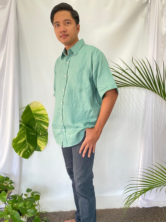 Mint Linen Mens Shirt Short Sleeve 100 Linen Button up Mens