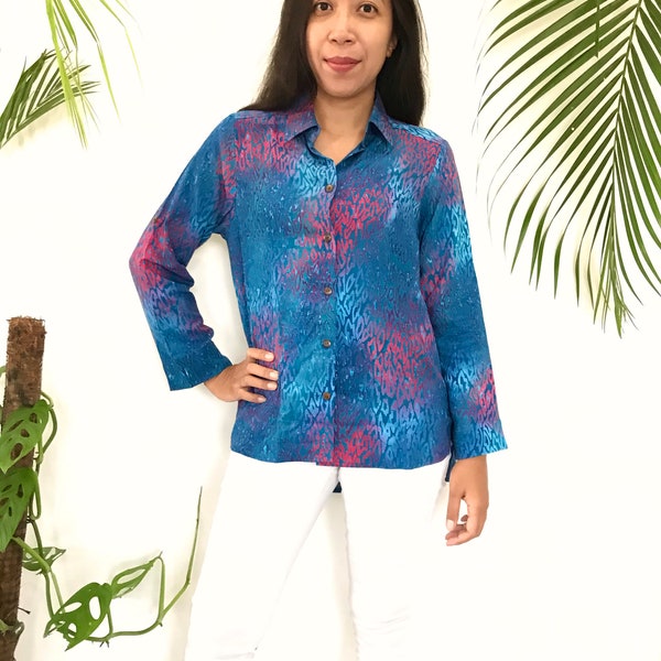 Blue Batik Women Collar Blouse, Button Up Shirt, Blouse for Ladies Long Sleeves Rayon Batik, Rolled Up Sleeve Shirt, Plus Size Loose Fit Top