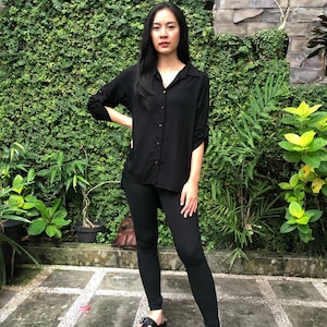 Black Rayon Women Collar Blouse, Button Up Shirt, Blouse for Ladies Long Sleeves Rayon, Rolled Up Sleeve Shirt, Plus Size Loose Fit Top