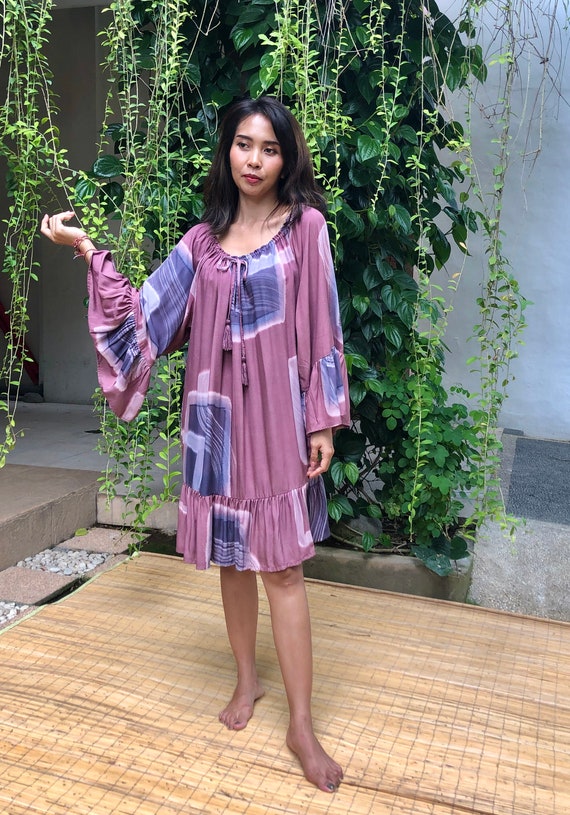 Sabrina Off Shoulder Midi Dress, Adjustable Drawstring Tassels Tunic, Tie Dye Painting Bell Sleeve Rayon Dress Mauve Purple Color, Plus Size