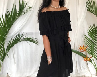 Off shoulder Dress in Rayon Crinkle - Black Dresses For Women, Tunic Dress. Plus Size Clothing, Short Dress, Loose Dress, Beach Dress, Boho